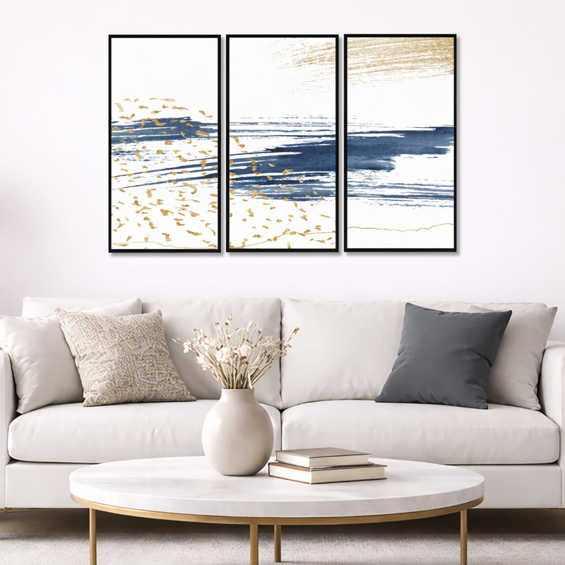 «Dark Blue and Gold Abstract I», ensemble d'art mural moderne sur toile encadrée, Noir, H 28 po x l 36 po x P 1 po