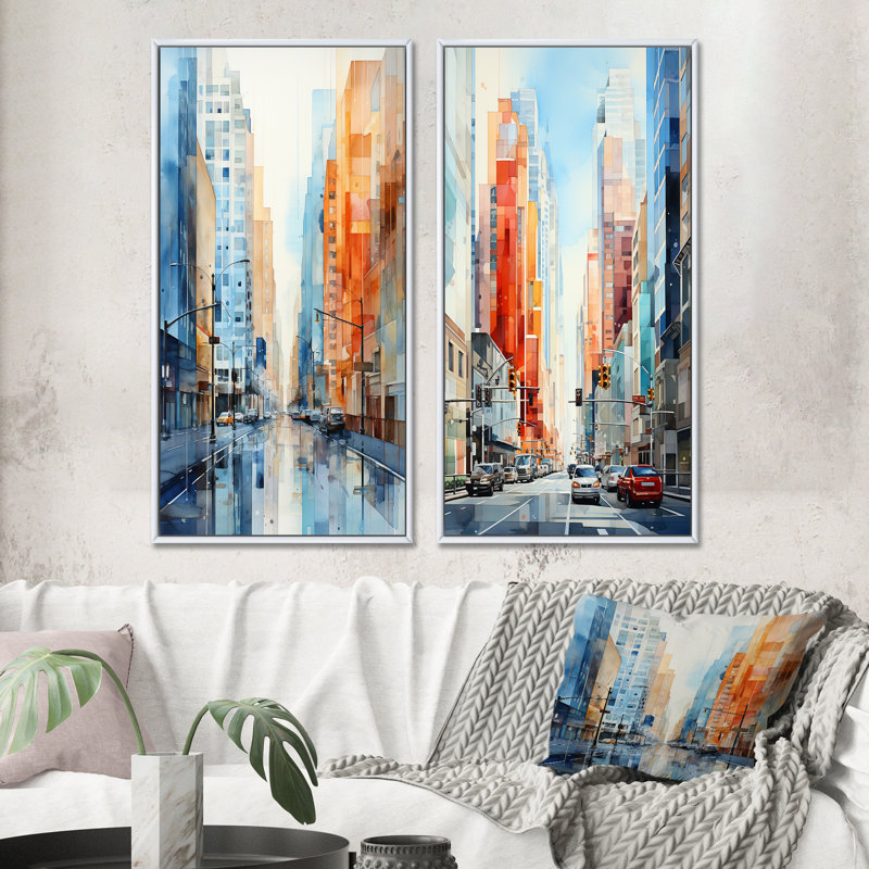 «Skyscrapers Urban Heights», 2 pièces, Cadre blanc, H 32 po x l 32 po