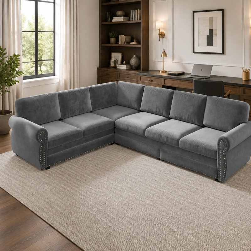 Canapé-lit modulaire en chenille en L de 118 po avec lit escamotable Caston, accoudoirs roulés, garniture cloutée, coussins amovibles, canapé convertible 6 places pour le salon, la chambre d'amis ou le bureau