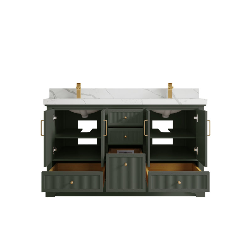 Meuble-lavabo double autoportant de 60 po avec plateau en quartz Alys (option poignées)