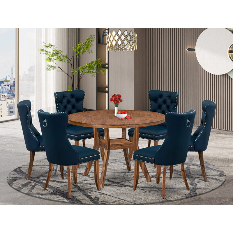 Ensemble de table de cuisine 7 pièces en polyester 6 chaises de salle à manger rembourrées bleu marine, dossiers capitonnés et une table ronde de 54 po au fini noyer antique.