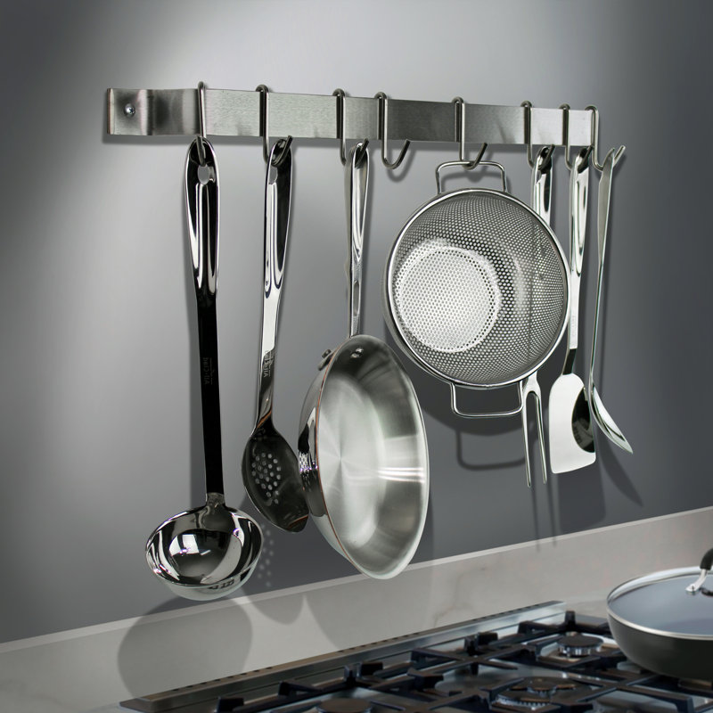 Handcrafted Easy Wall Mounted Pot Rack, Hammered Steel, 3" H x 24" W x 3" D