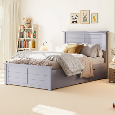  Twin Solid Wood Platform Bed with 4 Storage Drawers, Blue Grey
