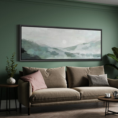 Abstract Mountain " Green Misty Mountain Landscape With Sun Muted Minimalist Painting "