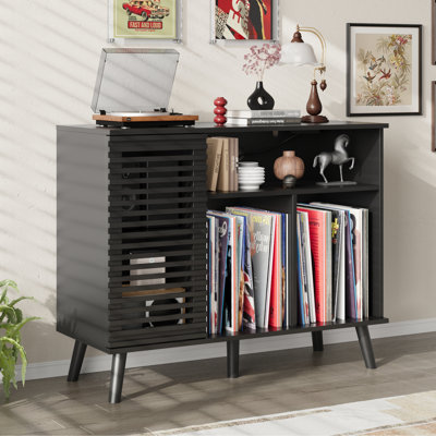 Record Player Stand With Charging Station, Mid-century Turntable Stand With Slatted Doors, 40" W Record Player Table Holds Up To 350 Albums Vinyl Storage Display Shelf For Living Room, Oak