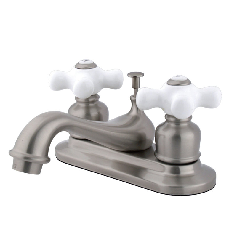 Kingston Brass Restoration Two-Handle 3-Hole Deck Mount 4" Centerset Bathroom Faucet with Plastic Pop-Up, Brushed Nickel