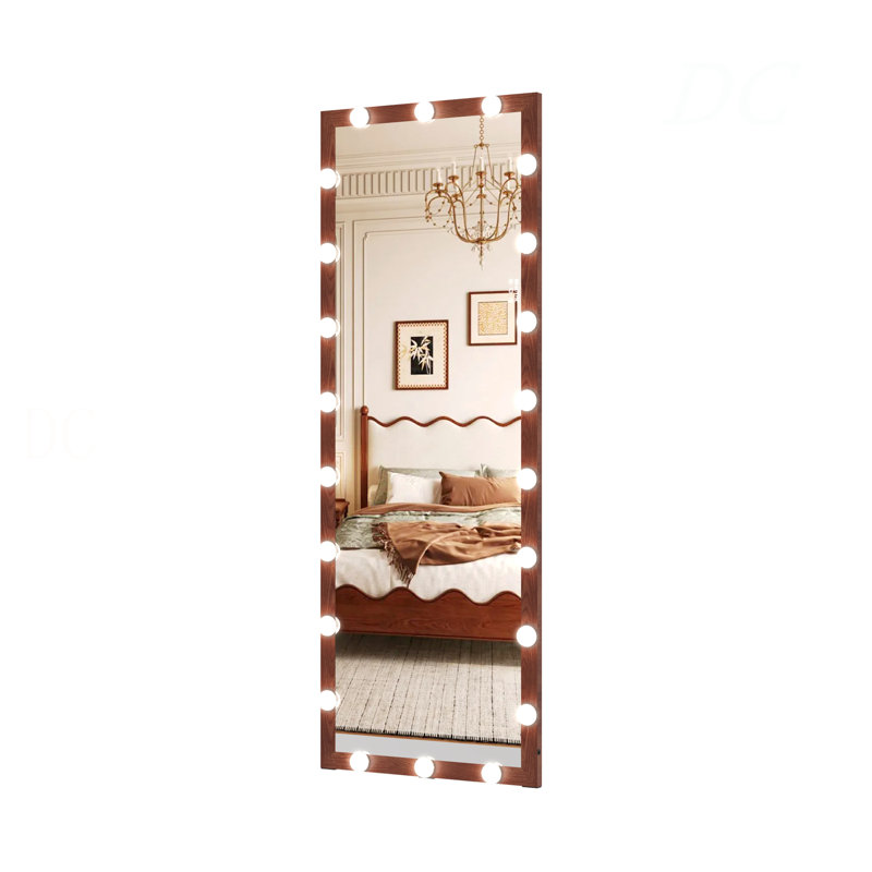 Hollywood Full Length Mirror With Lights Full Body Vanity Mirror With 3 Color Modes Wall Lighted  Standing Floor Mirror For Dressing Room Bedroom Hotel Touch Control Walnut 62.6"X23.3"