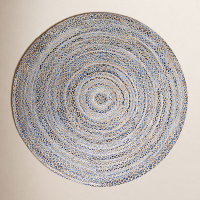 Blue Tan Round Handwoven Geometric Jute Rug