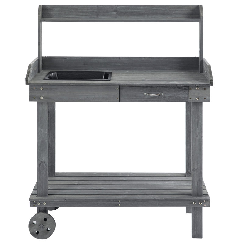 Outsunny 36'' Wooden Potting Bench Work Table With 2 Removable Wheels, Sink, Drawer & Large Storage Spaces, Gray, Gray