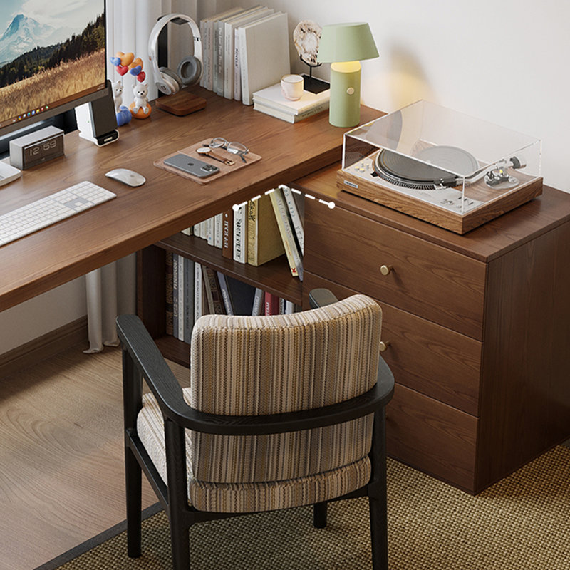 Bureau en bois massif en forme de L brun noyer avec 3 tiroirs, H 29,53 po x l 86,61 po x P 47,24 po
