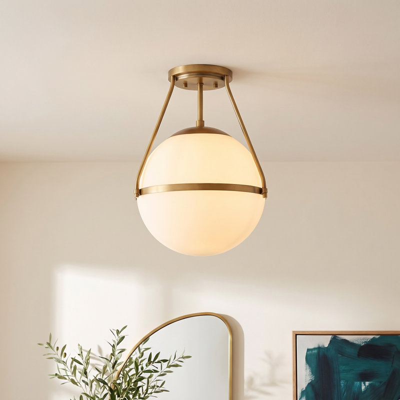 Amirah 1-Light Dimmable Glass Globe Steel Semi Flush Mount, Natural Brass