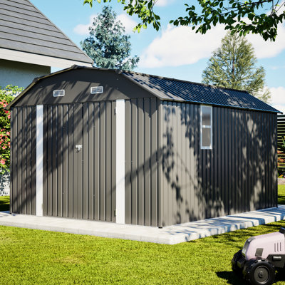Abri de jardin robuste en acier gris de 3 x 3,6 m (10 x 12 pi), antirouille, plancher préassemblé, résistant à la neige, structure de plancher antirouille de conception intelligente, durabilité en toutes saisons, toit en forme de losange, accès facile