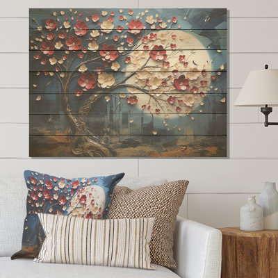 Arbre de fleurs rouge et or au clair de lune, beauté I - Arbre sur bois