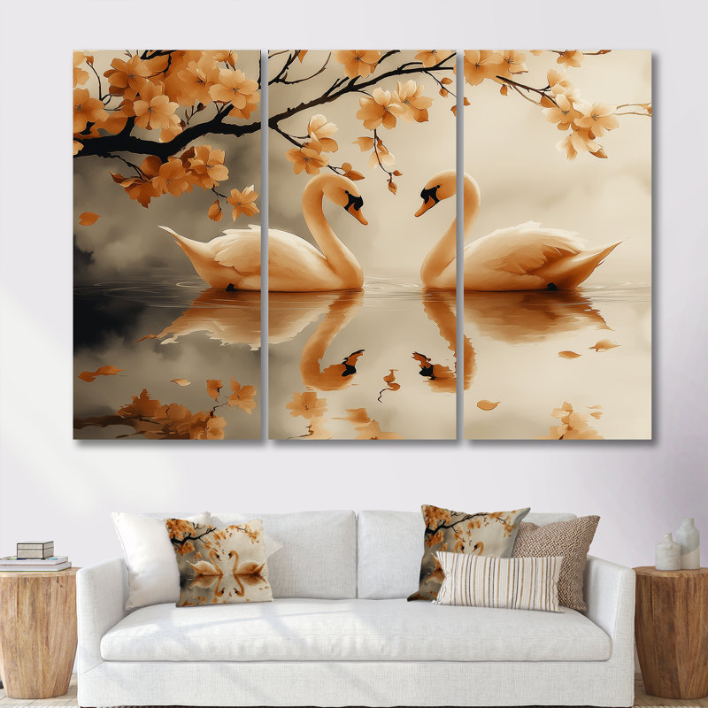 Orange et noir cygnes dans un étang de fleurs de cerisier - ensemble de décorations murales de cygnes, Toile tendue
