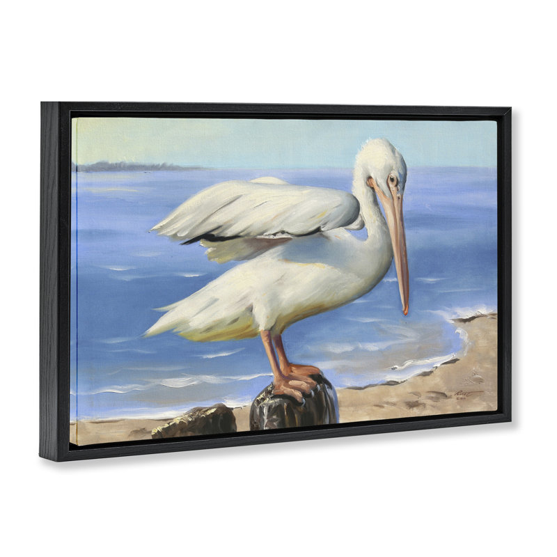 «Beach Scene Pelican Brown», toile flottante encadrée par D. Rust, Cadre flottant noir de jais, H 17 po x l 25 po