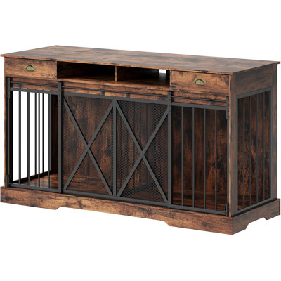 63'' Wooden Double Dog Crate with Removable Divider, Heavy Duty Indoor Pet Kennel with Storage Drawers, TV Stand Furniture for 2 Dogs, Brown