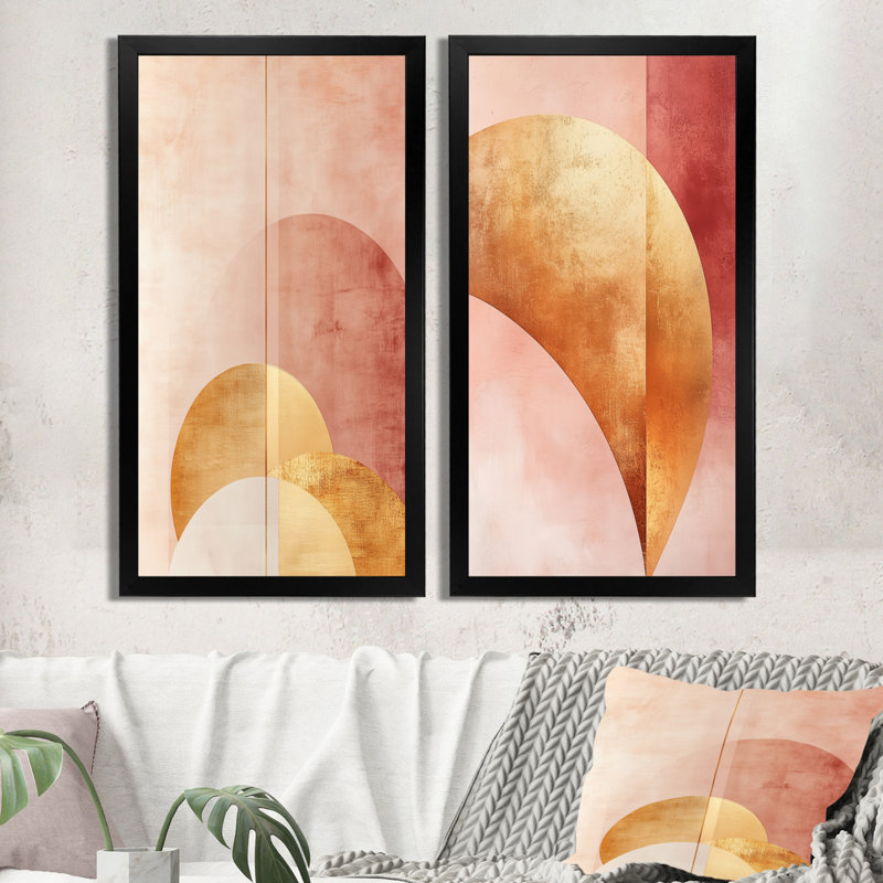 «Rose and Gold Flow Arcs - Modern Abstract», art mural sur toile 2 pièces, H 40 po x l 40 po, Cadre flottant doré