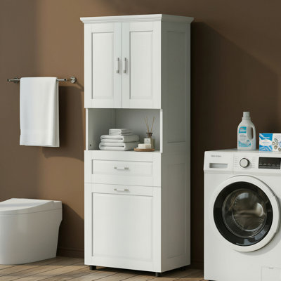 Armoire de rangement haute pour salle de bain avec panier à linge basculant, colonne à linge avec tiroir et armoire de rangement, blanche
