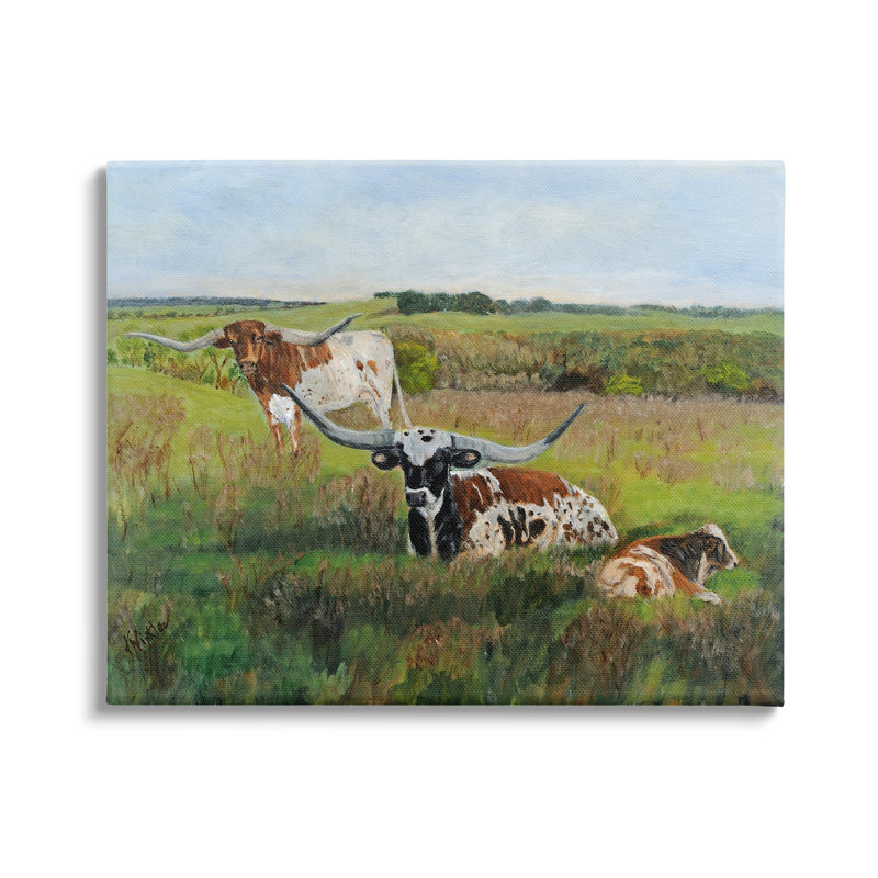 «Country Pasture Longhorn C best» par Kathy Winkler - peinture sur toile tendue, H 16 po x l 20 po x P 1,5 po
