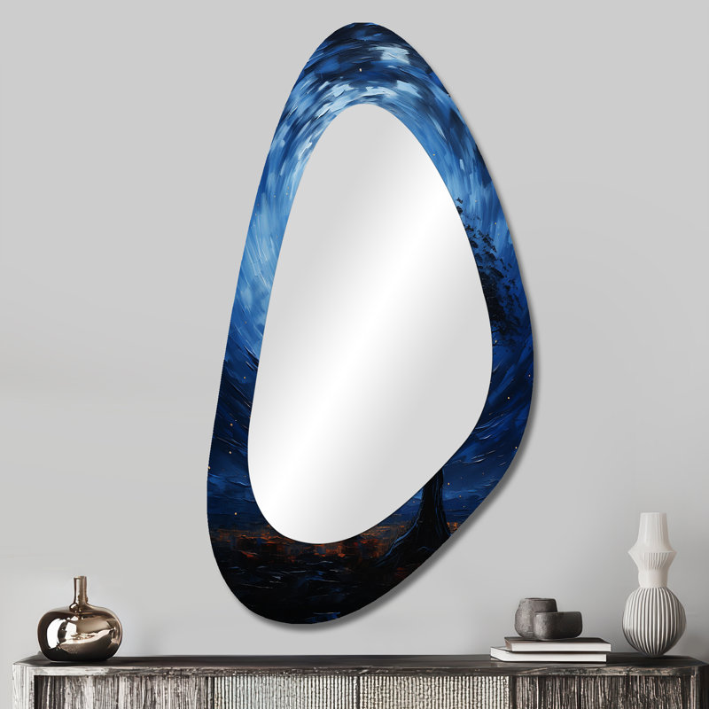 Bleu Afrique Serengeti arbre 3 - miroir asymétrique Arican Tree, miroir mural décoratif de forme unique bleu, impression sur métal