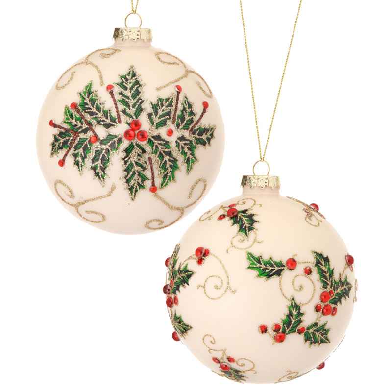 4" Glass Jewel Holly Vine Ball Ornaments