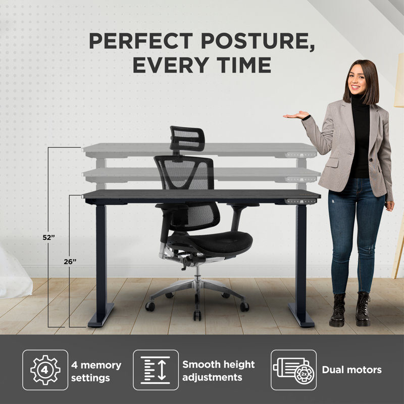 Adjustable Metal Base Standing Desk, Black/Black, 49.2" H x 48" W x 30" D