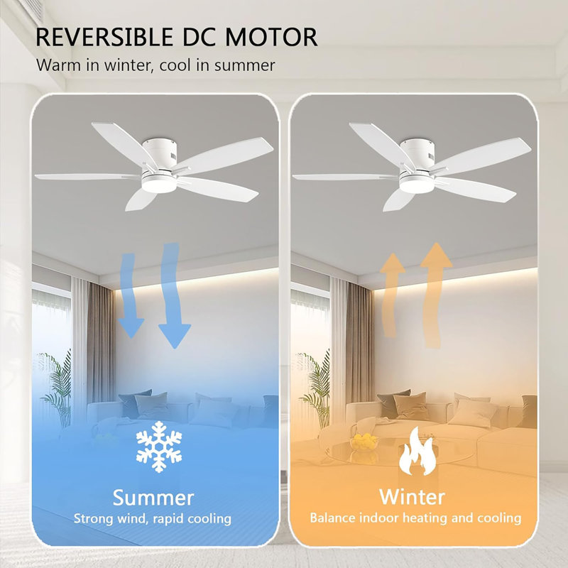 Ceiling Fans With Lights, 52" Low Profile Indoor Ceiling Fan With Light And Remote Control, Dimmable, Noiseless, Reversible, Ceiling Fan For Bedroom, Indoor/Outdoor Use