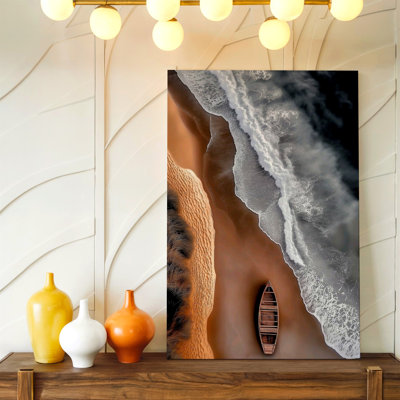 Aérien plage bateau impression océan vagues côtières sable paysage Home Decor, reproduction d'art sur toile, paysage côtier œuvre pour salon chambre bureau, couloir galerie mur, appartement loft