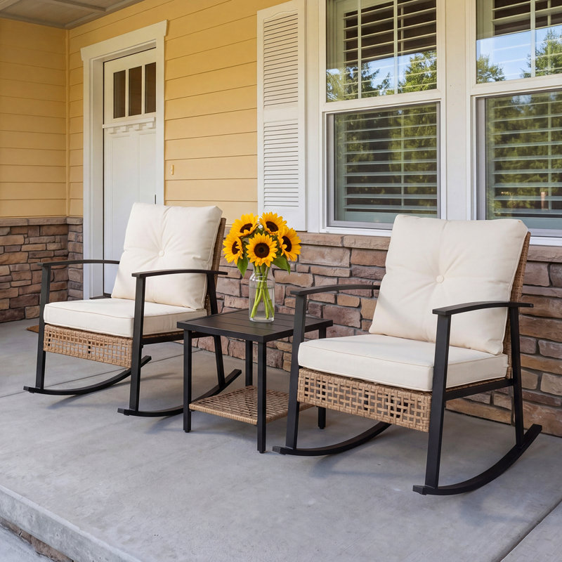 Ensemble bistro en rotin 3 pièces, table basse à 2 niveaux et coussins épais, ensemble de conversation pour patio toutes saisons pour jardin, balcon, gris