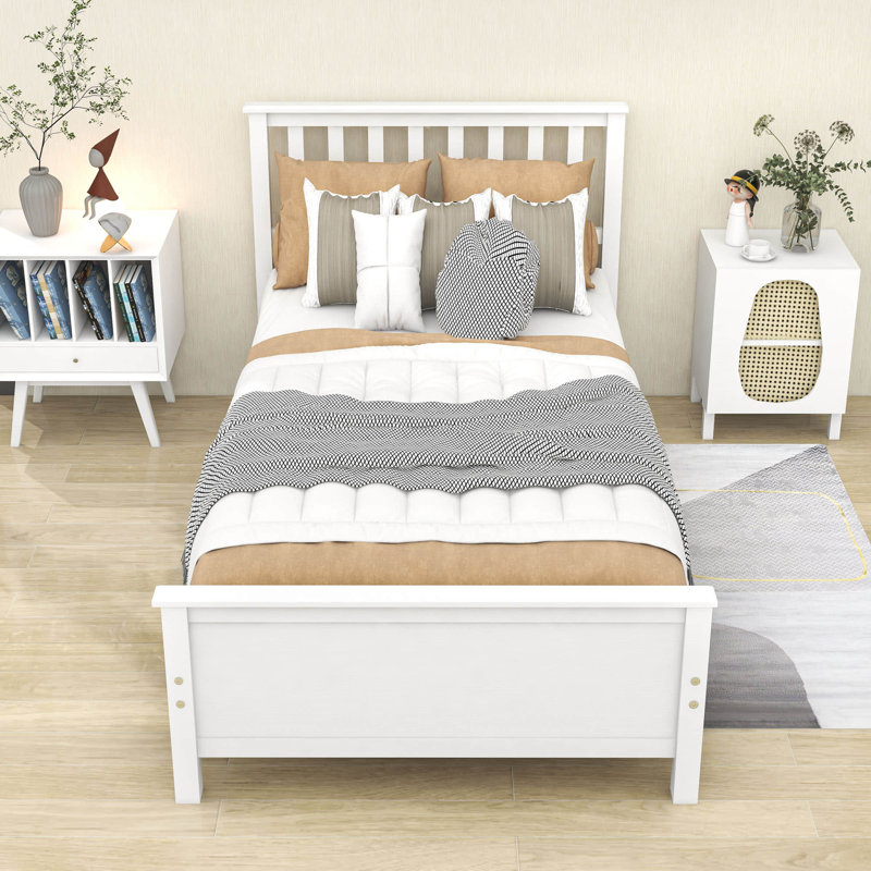 Twin Size Wooden Platform Bed with Headboard and Footboard, White