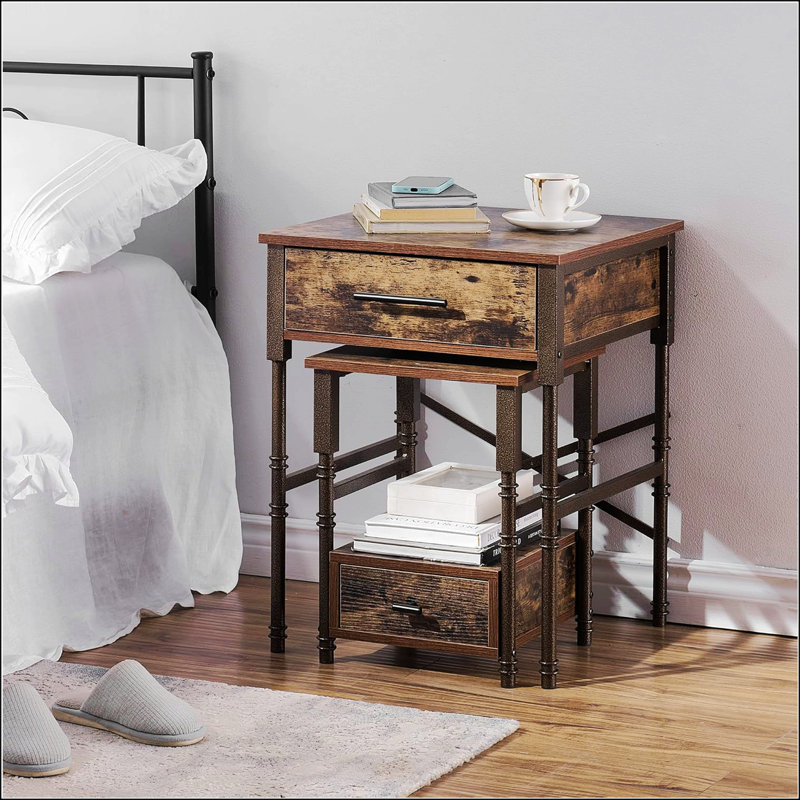 Tables de bout gigognes avec tiroirs, structure en métal et plateau en bois, petites et grandes tables d'appoint empilables pour le salon, la chambre à coucher et le canapé (brun)
