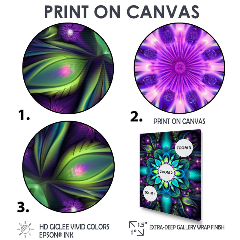 Décoration murale turquoise néon fractal II - Boho Mandala, Toile avec cadre flottant or, H 32 po x l 16 po x P 1 po
