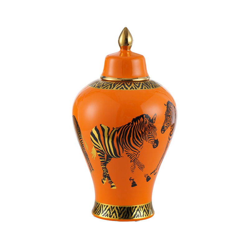 Sallisaw Orange with Zebra Print Handmade Ceramic Ginger Jar with Lid for Living Room Tabletop Decor