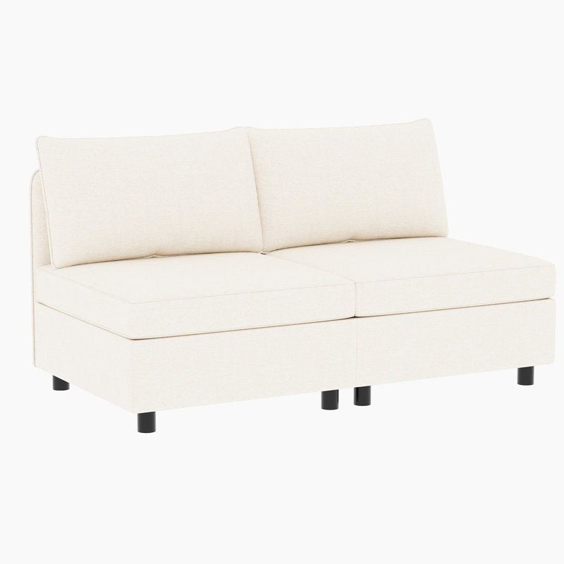 Causeuse 2 places Mid-Century en tissu respirant pour chambre à coucher en bois massif beige avec compartiment de rangement en chenille éponge