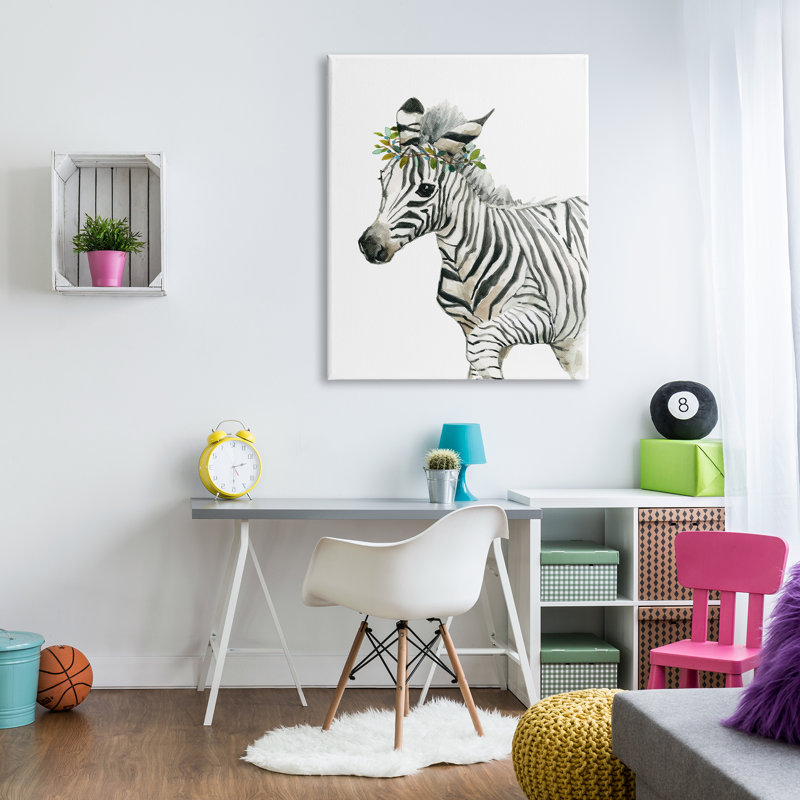 «Young Zebra Boho Fashion Chic Forest Crown» par Carol Robinson - peinture sur toile, H 48 po x l 36 po, Toile tendue