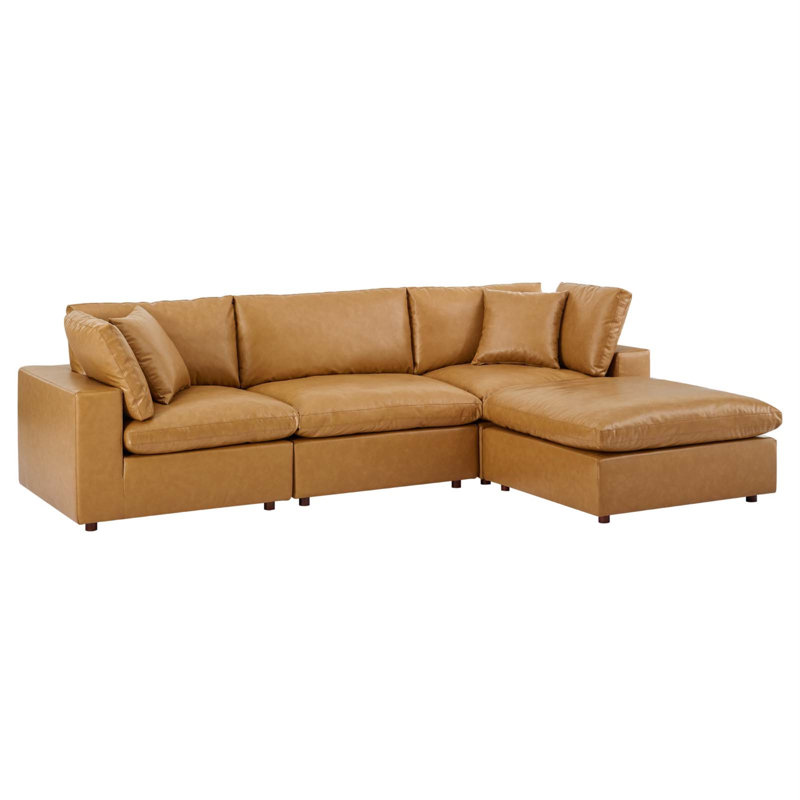 Tan Faux Leather 4-Piece Sectional Sofa with Ottoman and Down Fill Cushions