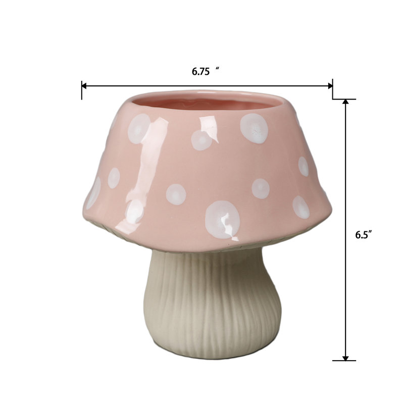 7"D Ceramic Mushroom Pot, Pink/White