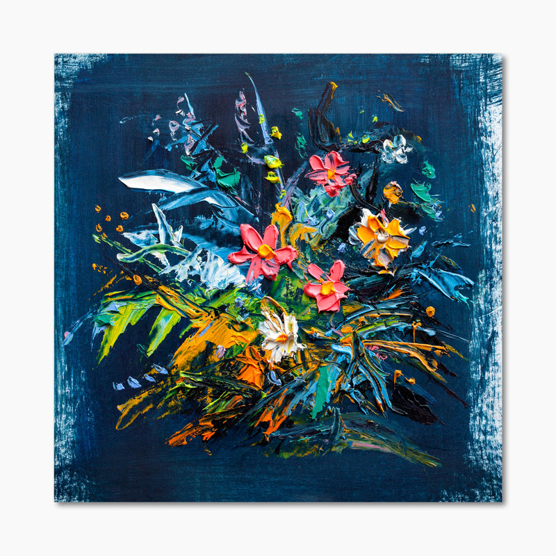 Bleu impressionniste et fleur verte - Peinture, H 16 po x l 16 po x P 1 po, Toile tendue