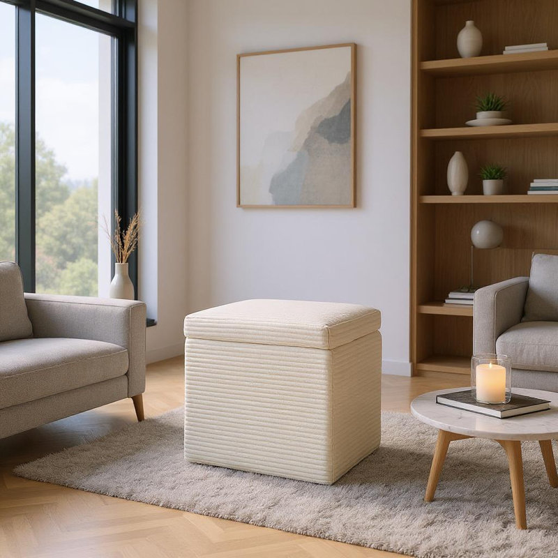 Storage Ottoman in Cotton Linen & Corduroy Options, 16.5"x16.5"x17.3", 18.7lbs - Footrest & Seat, Cream Corduroy