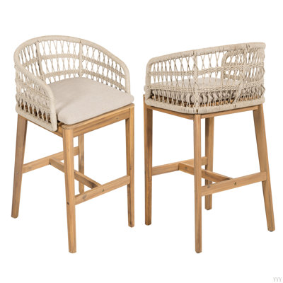 Laguna Outdoor Wood And Rope Barstool, Set Of 2
