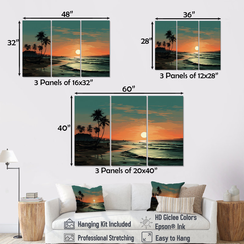 «Teal Tropical Getaway», ensemble d'art sur toile, palmiers et palmiers, H 40 po x l 60 po x P 1 po