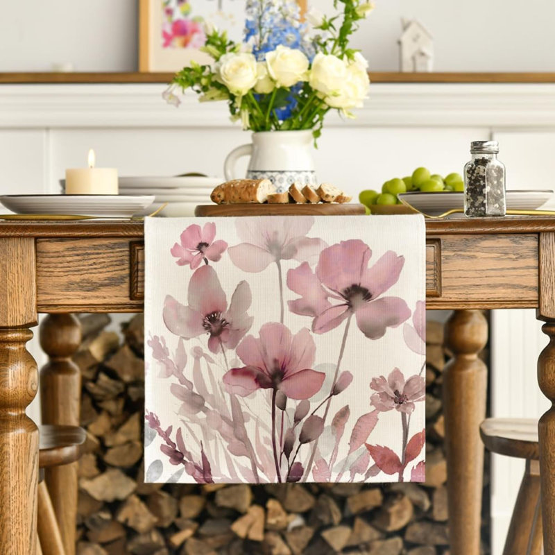 Chemin de table coquelicot floral, 60" Rectangle, Beige
