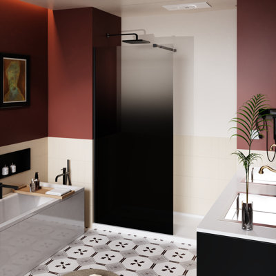 Porte de douche à l'italienne 31,5 "x 72" de style dégradé noir, verre trempé de 1/4 po d'épaisseur, teinté, barre de support légère en aluminium, conception sans couture, installation réversible pour différentes salles de bain