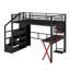 Lit mezzanine double en métal avec poste de travail, garde-robe, escalier de rangement et DEL-50357072
