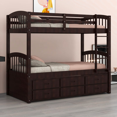 Solid Wood Twin Over Twin Bunk Bed With A Trundle Bed, 3 Drawers And Built-In Ladder