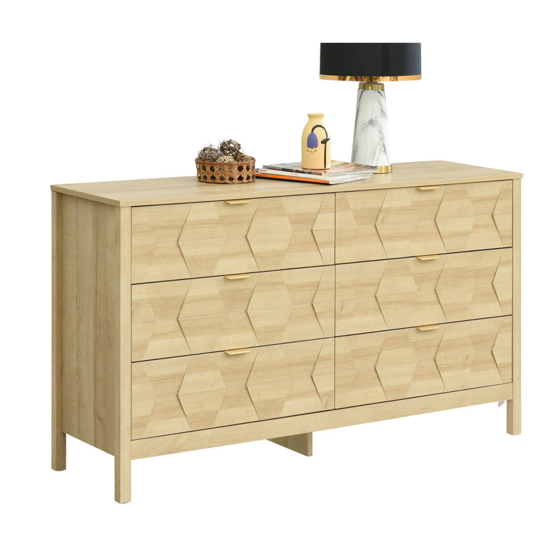 Nordic 6 Drawer Dresser With Interlock Drawer Feature  for Bedroom, 54″ W Modern Wide Chest of Drawers, Wood Storage Organizer for Clothes, Entryway, Hallway, Nursery or Living Room