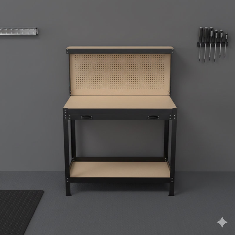 63" Tool Cabinet Work Table, Workshop Storage Bench With Drawers And Pegboard