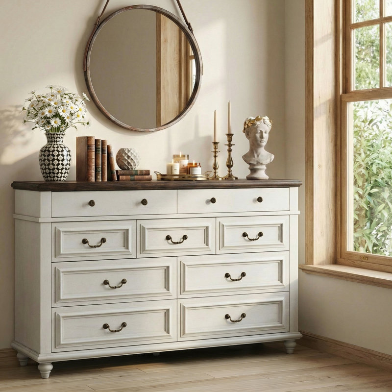 Eilam Solid and Manufactured Wood 9-Drawer Dresser, White
