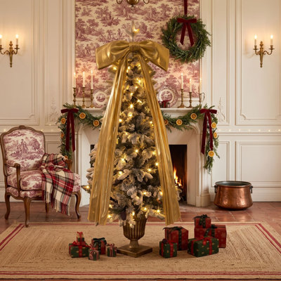 Sapin de Noël floqué pré-illuminé de 1,80 m avec pommes de pin, ruban doré et guirlandes lumineuses