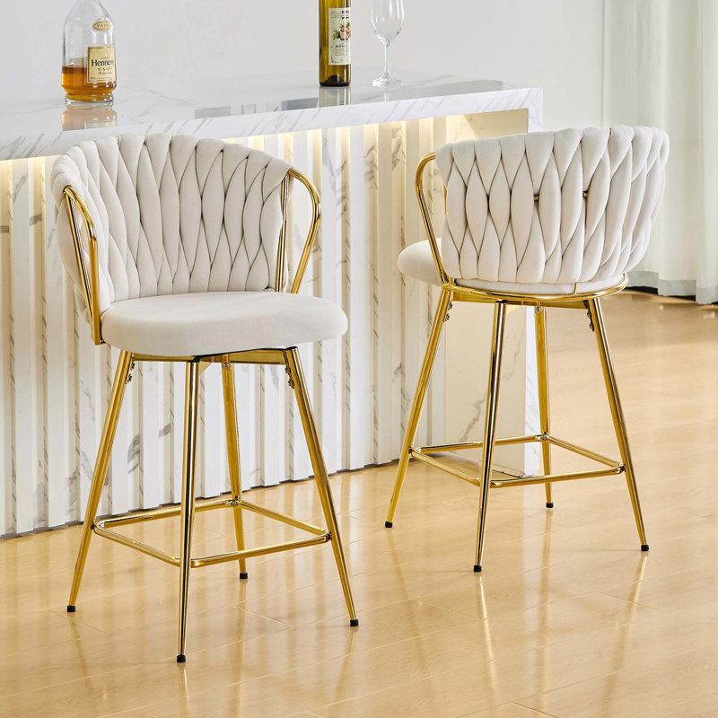 Ensemble de 2 tabourets de bar modernes en velours tressé avec structure en métal et dossier tissé, Siège bleu / cadre noir